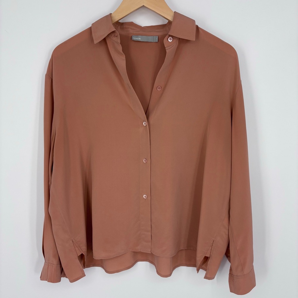 Vince Tie Sleeve Blouse Womens S Terracotta 100% Silk Luxury Minimalist *FLAW